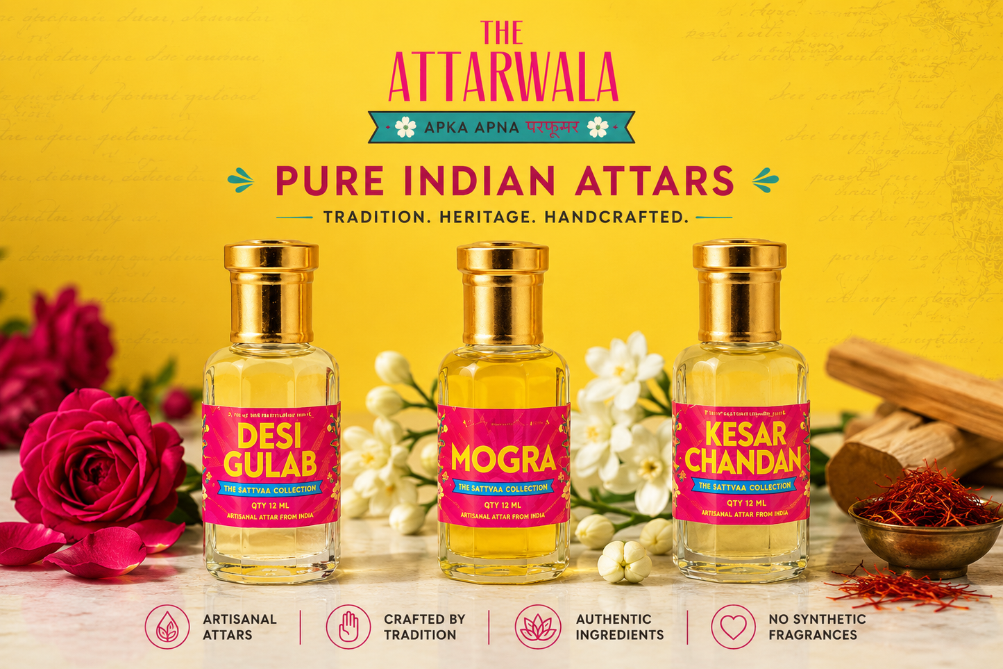Indian Attar Discovery Set | Desi Gulab, Mogra & Kesar Chandan | 3 x 12ml