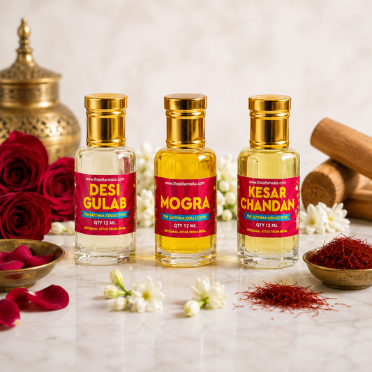 Indian Attar Discovery Set | Desi Gulab, Mogra & Kesar Chandan | 3 x 12ml