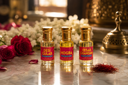 Indian Attar Discovery Set | Desi Gulab, Mogra & Kesar Chandan | 3 x 12ml